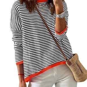 [🟡 Bundle 10 items for $25] 
Striped Black and White Sweater with Orange Accents